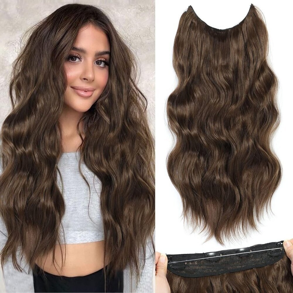 Hair Extensions Synthetic Wavy 20 Inch Long Invisible Wire Clip-In Natural